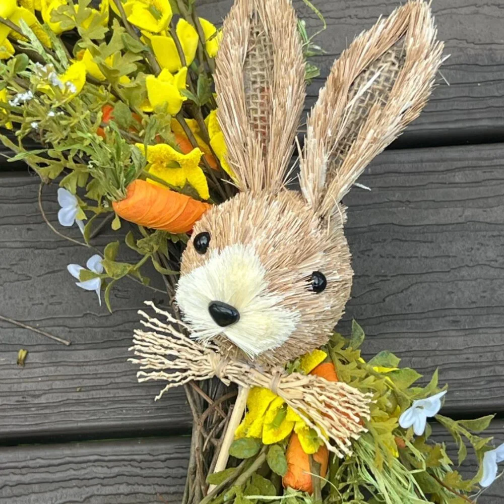 Spring Bunny Rafta Easter Wreath with Yellow Flowers with Carrots Home Decor